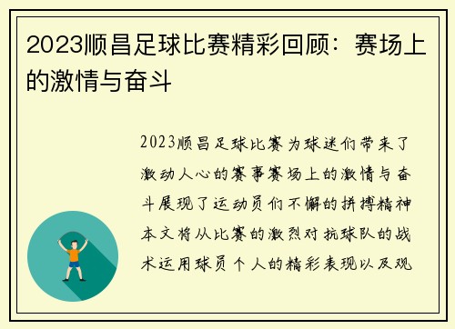 2023顺昌足球比赛精彩回顾：赛场上的激情与奋斗