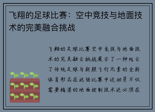 飞翔的足球比赛：空中竞技与地面技术的完美融合挑战