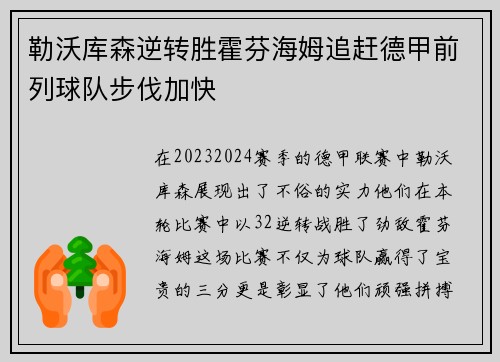 勒沃库森逆转胜霍芬海姆追赶德甲前列球队步伐加快