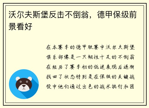 沃尔夫斯堡反击不倒翁，德甲保级前景看好