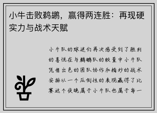 小牛击败鹈鹕，赢得两连胜：再现硬实力与战术天赋