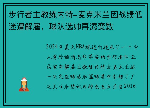 步行者主教练内特-麦克米兰因战绩低迷遭解雇，球队选帅再添变数