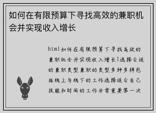 如何在有限预算下寻找高效的兼职机会并实现收入增长