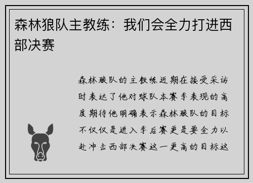 森林狼队主教练：我们会全力打进西部决赛