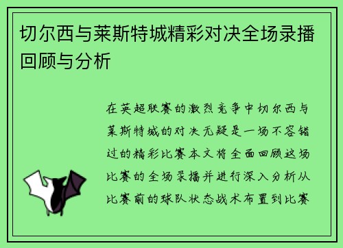 切尔西与莱斯特城精彩对决全场录播回顾与分析