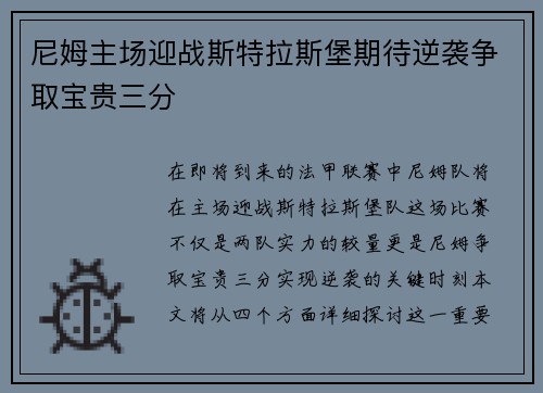 尼姆主场迎战斯特拉斯堡期待逆袭争取宝贵三分
