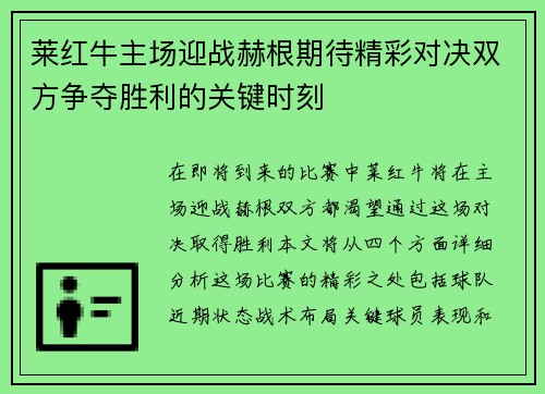 莱红牛主场迎战赫根期待精彩对决双方争夺胜利的关键时刻