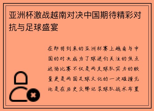 亚洲杯激战越南对决中国期待精彩对抗与足球盛宴