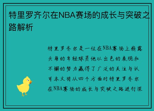特里罗齐尔在NBA赛场的成长与突破之路解析