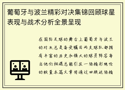 葡萄牙与波兰精彩对决集锦回顾球星表现与战术分析全景呈现