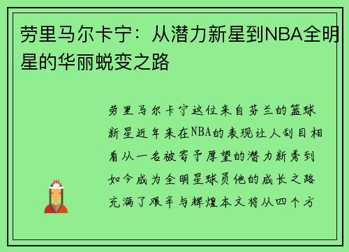 劳里马尔卡宁：从潜力新星到NBA全明星的华丽蜕变之路