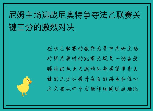 尼姆主场迎战尼奥特争夺法乙联赛关键三分的激烈对决