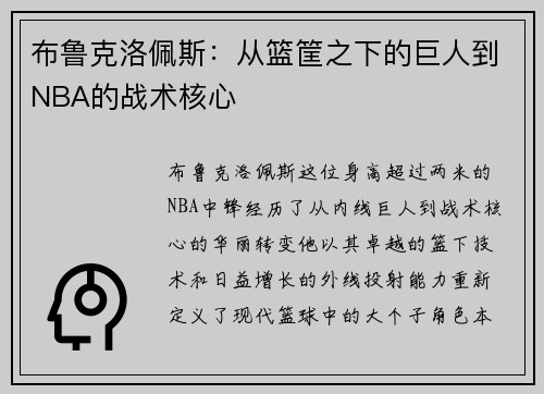 布鲁克洛佩斯：从篮筐之下的巨人到NBA的战术核心
