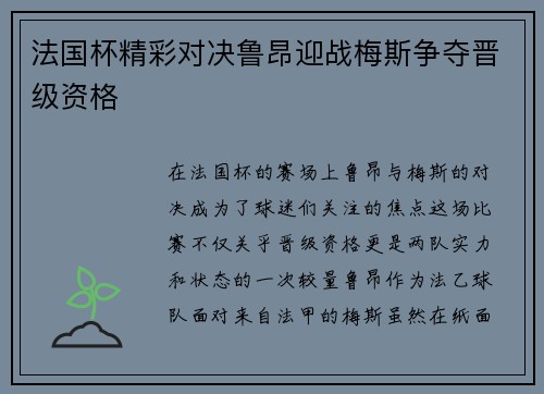 法国杯精彩对决鲁昂迎战梅斯争夺晋级资格