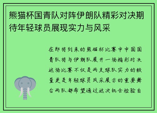 熊猫杯国青队对阵伊朗队精彩对决期待年轻球员展现实力与风采
