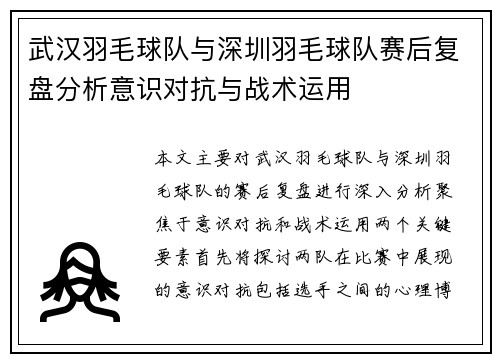 武汉羽毛球队与深圳羽毛球队赛后复盘分析意识对抗与战术运用