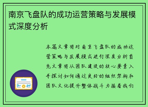 南京飞盘队的成功运营策略与发展模式深度分析