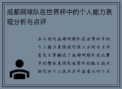成都网球队在世界杯中的个人能力表现分析与点评