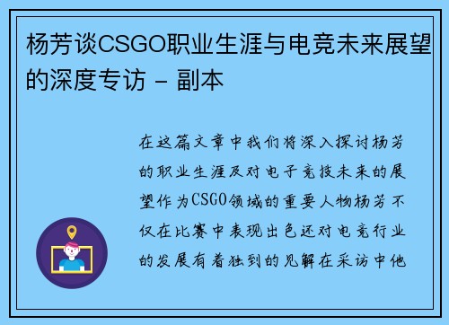 杨芳谈CSGO职业生涯与电竞未来展望的深度专访 - 副本