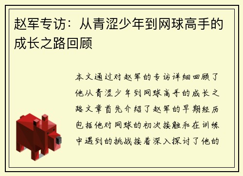 赵军专访：从青涩少年到网球高手的成长之路回顾